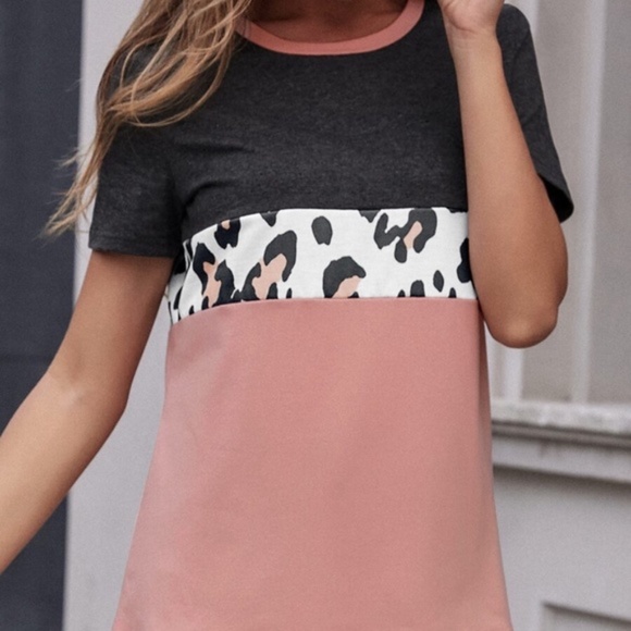 Boho Leopard Print Color Block Tee Top - Picture 5 of 10